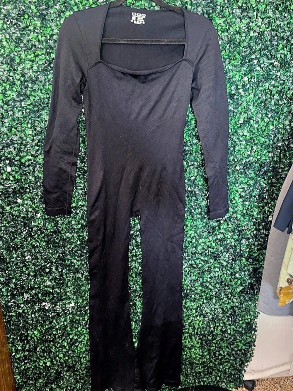 OQQ Square Neck Long Sleeve Bell Bottoms Jumpsuit Black Medium